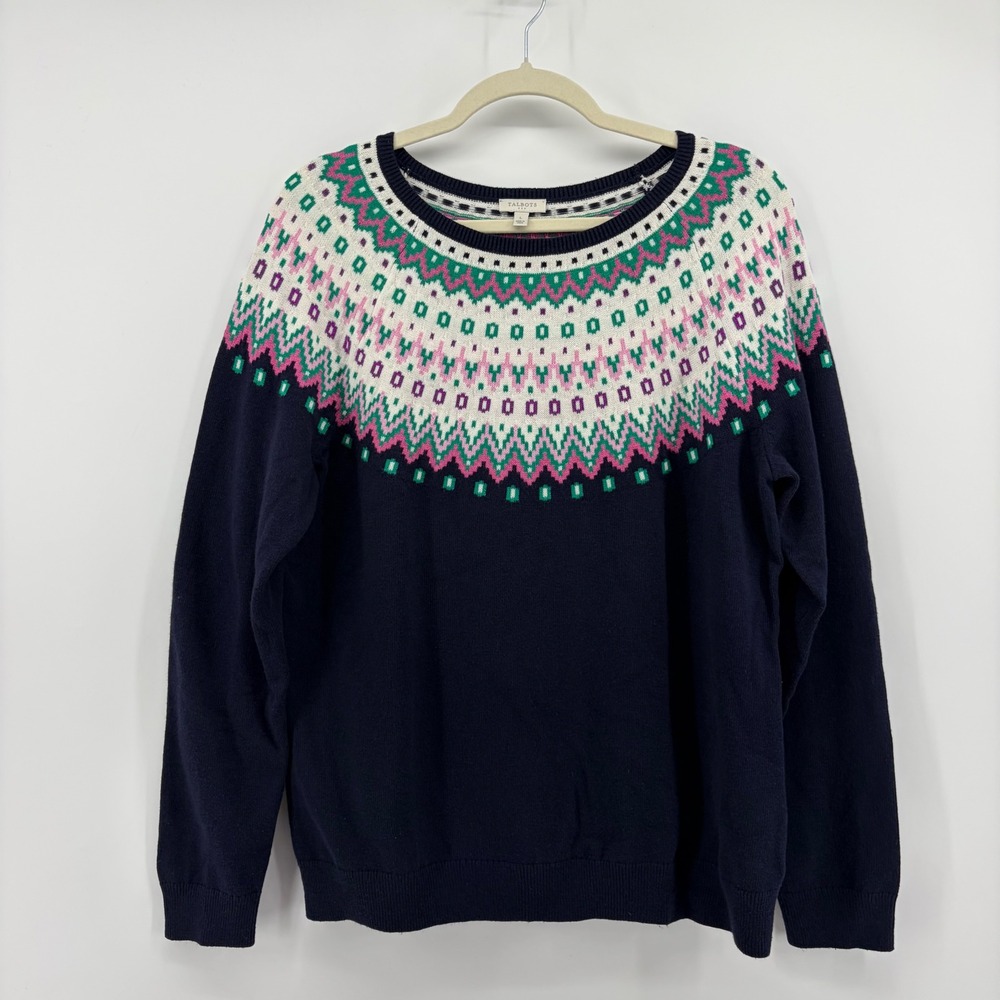 Talbots Womens Large Navy Blue Fair Isle Cotton Blend Pullover Sweater Yoke Knit